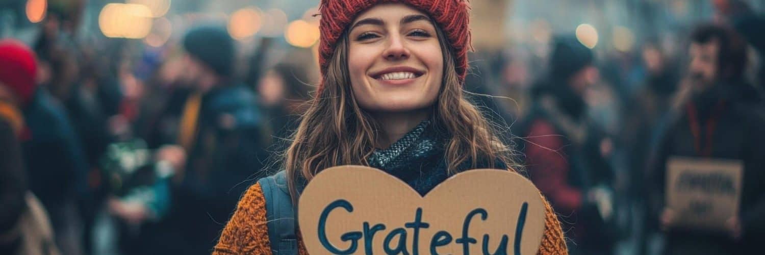 The image shows a young woman holding a heart-shaped sign that reads "Grateful" with a red heart in the center. She is wearing a red knitted beanie and a yellow sweater, and is smiling at the camera. The background is blurred, but it appears to be a busy street with people walking and holding signs. The overall mood of the image is cheerful and positive.